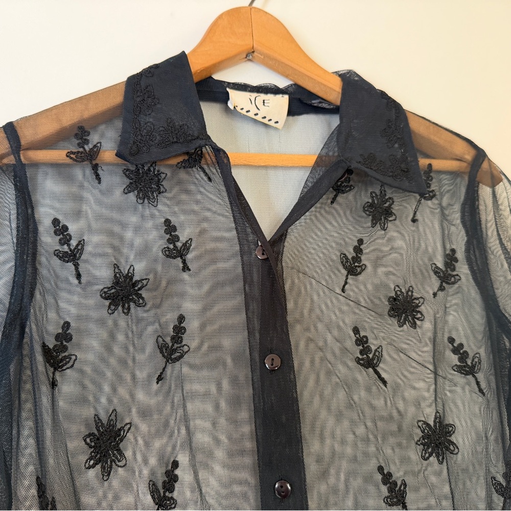 Vintage Sheer Black Embroidered Button Up Shirt Small Y2K Whimsigoth Mesh Floral - Picture 2 of 7